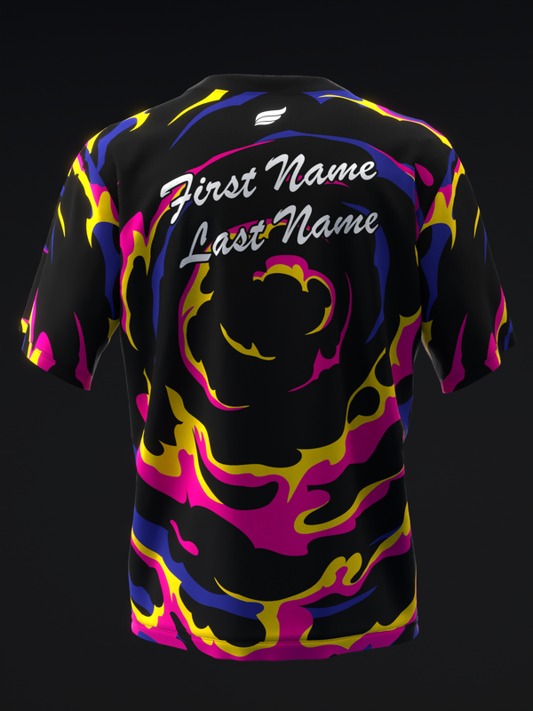 Black bowling jersey with colorful abstract flame pattern in pink, gold, and blue