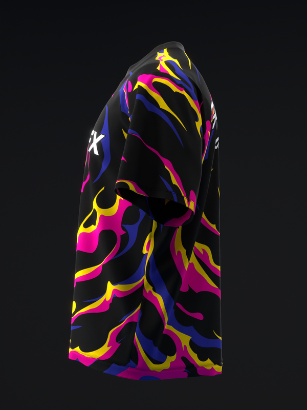 Black bowling jersey with vibrant pink, blue, and yellow abstract graphic pattern