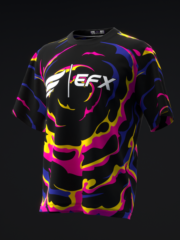 Black bowling jersey with colorful swirling abstract pattern in pink, purple, yellow, and blue