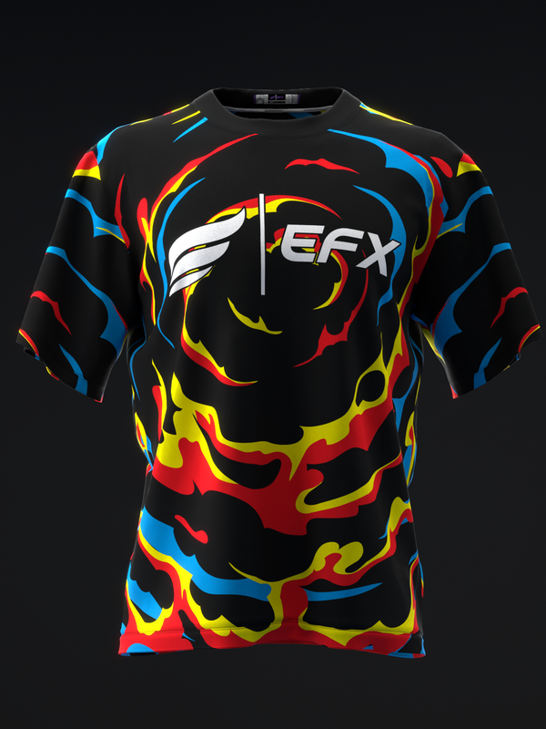 Black bowling jersey with multicolor flame design and EFX logo, front view