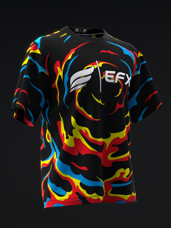 Black bowling jersey with red, blue, and yellow flame pattern and EFX logo