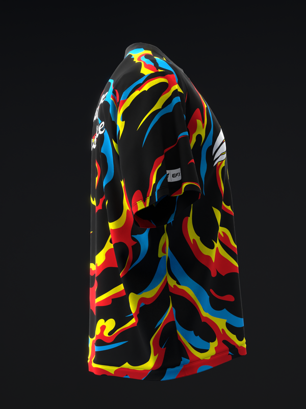 Black bowling jersey with red, blue, and yellow abstract flame design, side view