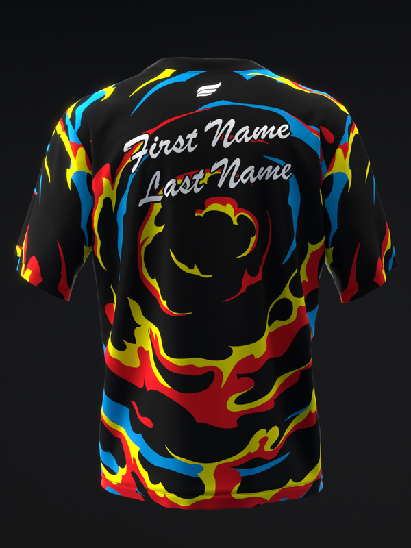 Black bowling jersey with red, yellow, and blue flame design and personalization text