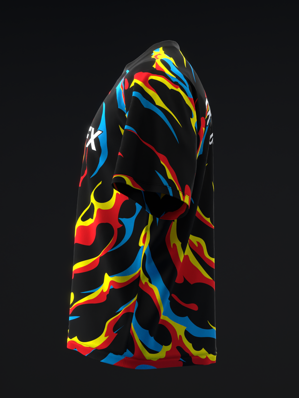Black bowling jersey with abstract red, blue, and yellow flame design on front