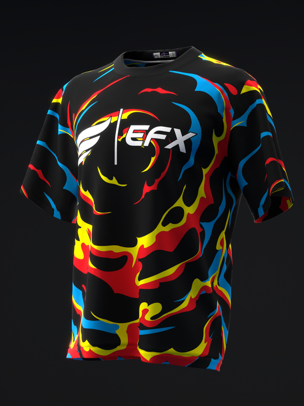 Black bowling jersey with colorful abstract swirl design in red, blue, and yellow