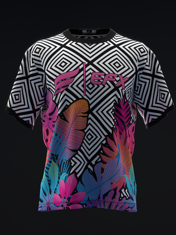 Black and white geometric patterned bowling jersey with colorful floral graphic, front view