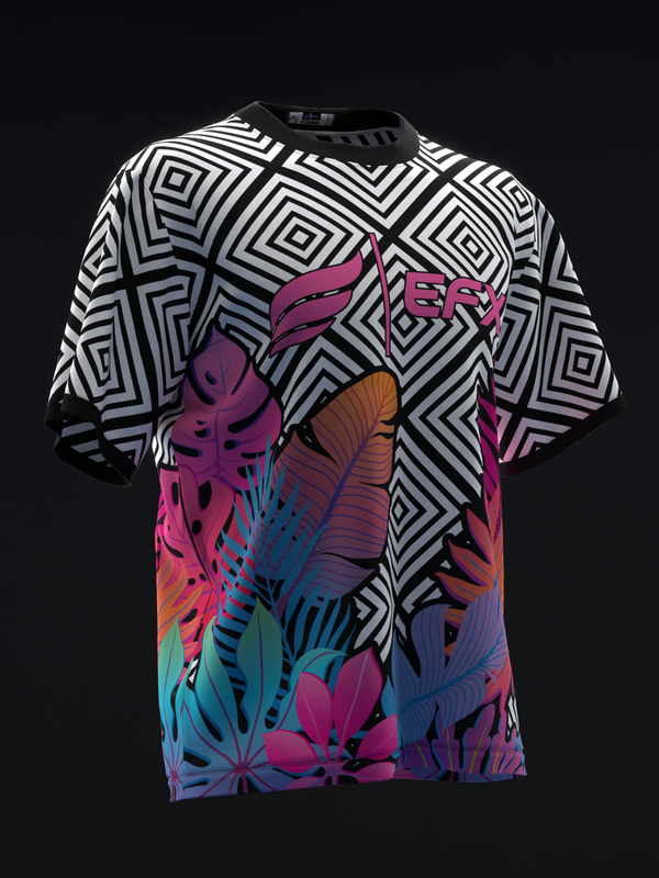 Black and white geometric patterned bowling jersey with colorful floral graphic on front