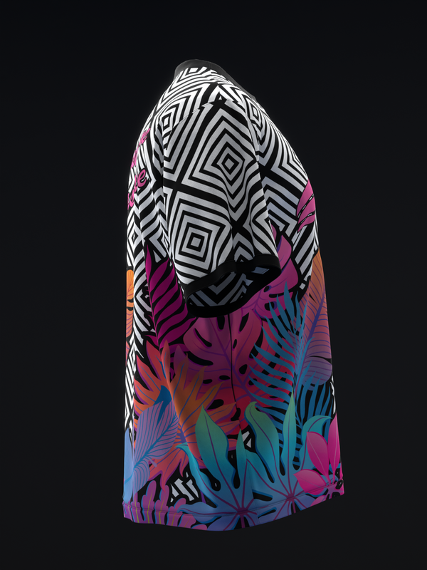 Bowling jersey with black and white geometric pattern on back shoulders and colorful tropical floral design on lower sleeves