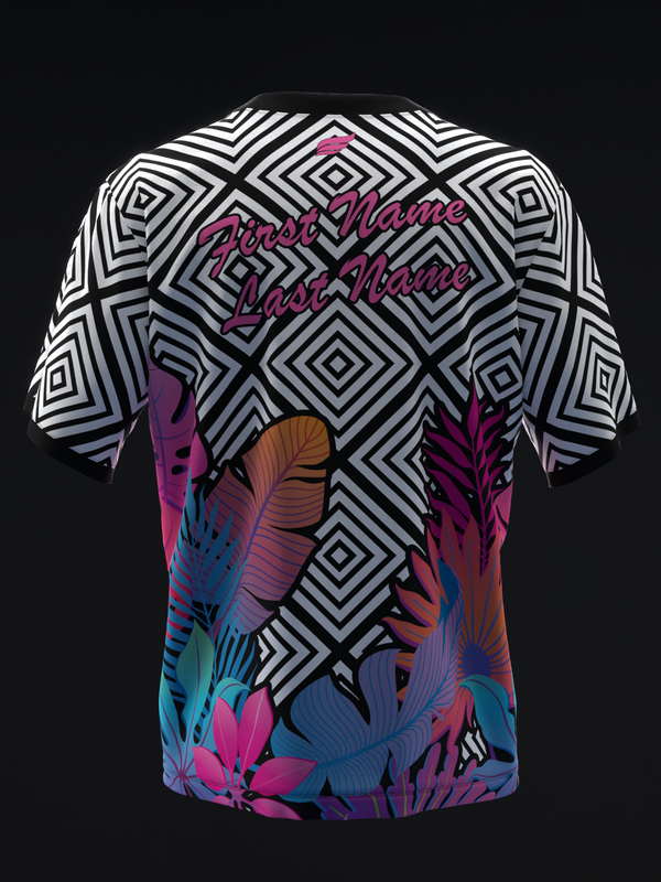 Black and white geometric bowling jersey with colorful floral graphics, back view