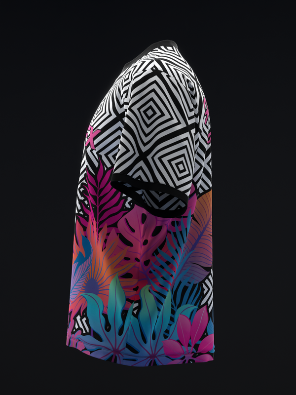 Bowling jersey with black and white geometric pattern and colorful tropical floral design, side view