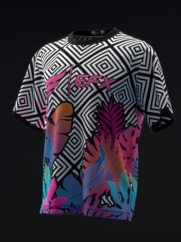 Black and white geometric bowling jersey with colorful floral graphic on front