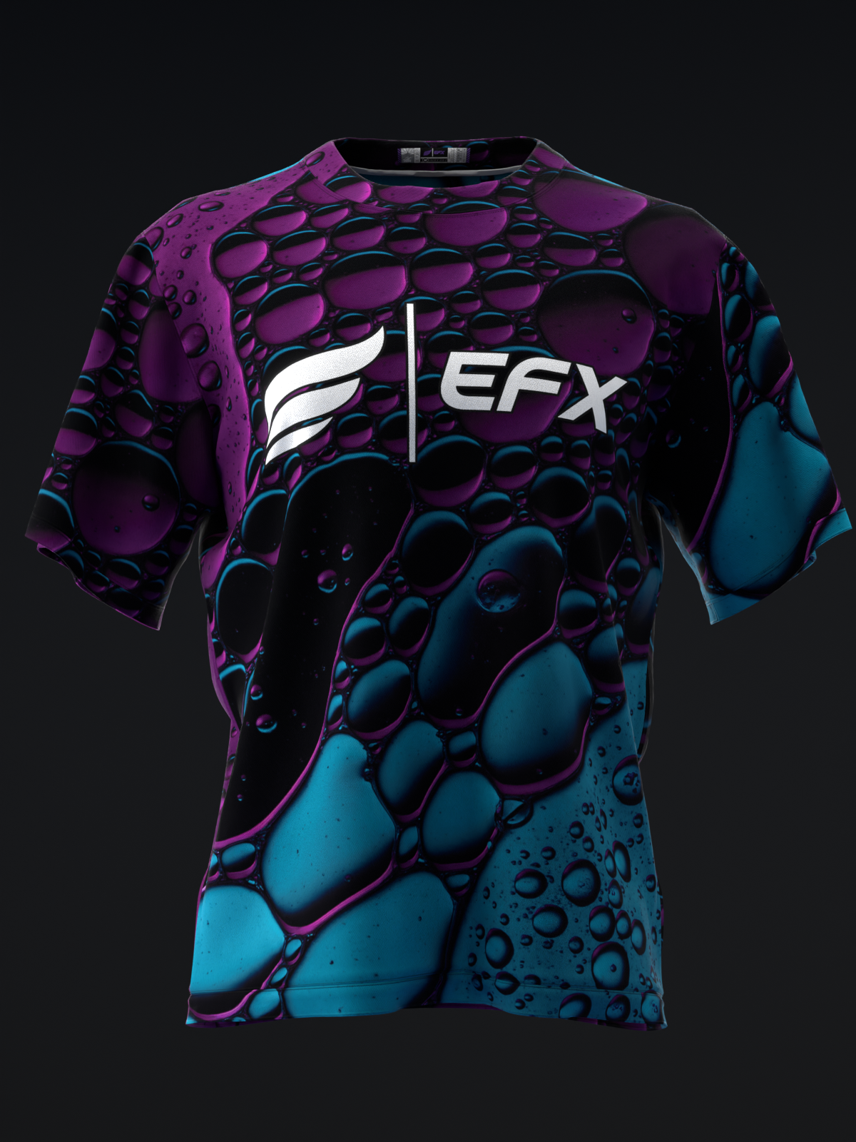 EFX bowling jersey with abstract bubble pattern in teal and purple, front view