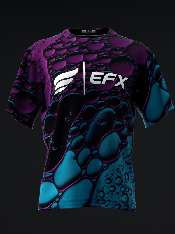 EFX bowling jersey with abstract bubble pattern in teal and purple, front view