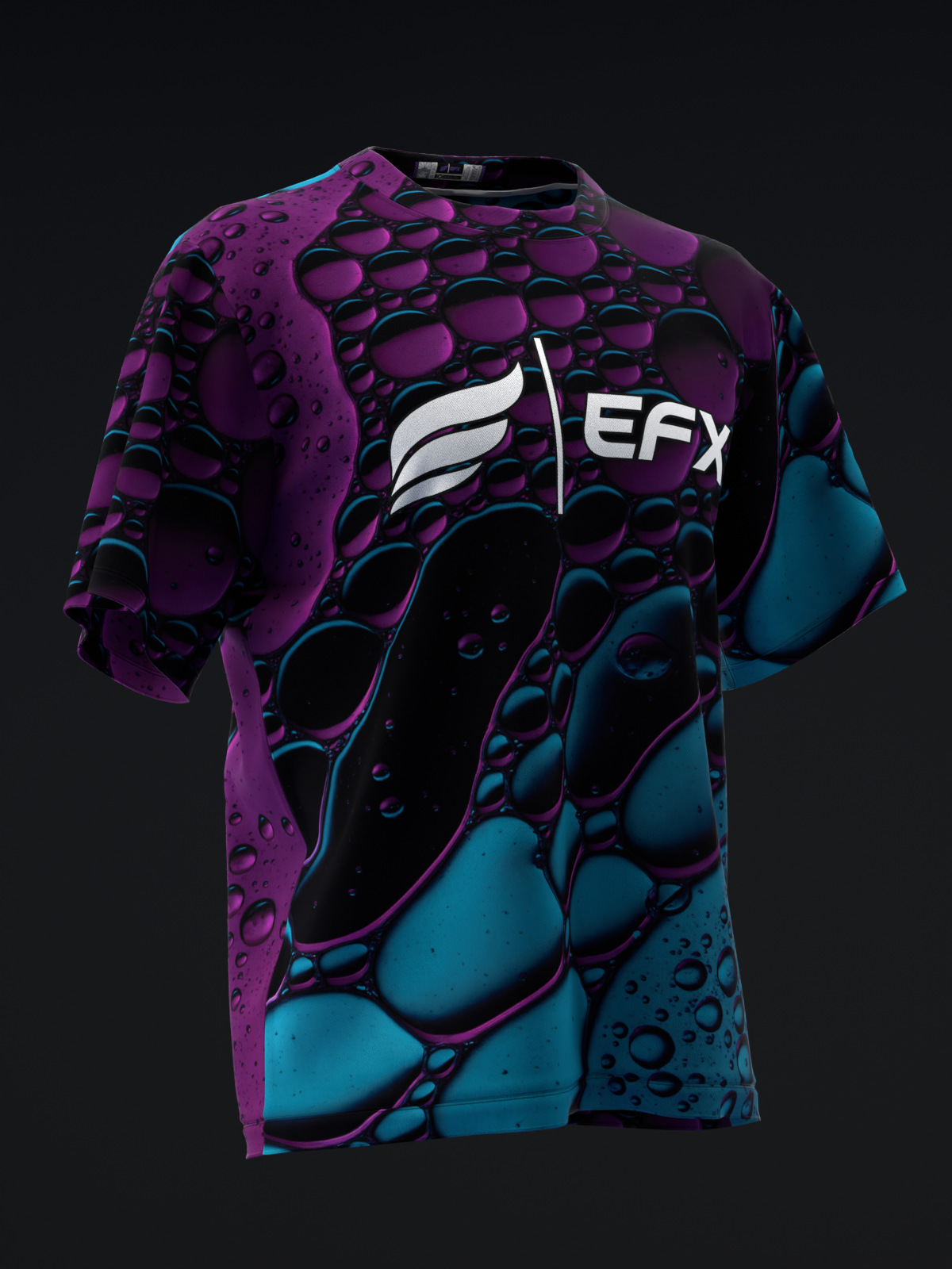EFX bowling jersey front view with teal and purple bubble pattern design