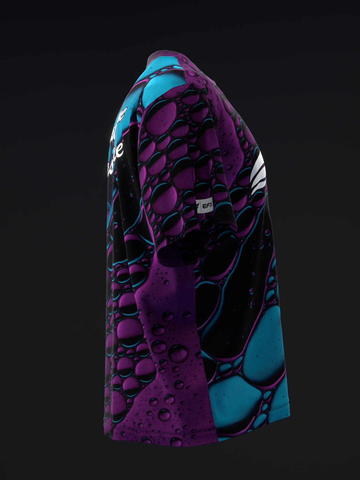 Bowling jersey with purple and teal cellular pattern design, side view