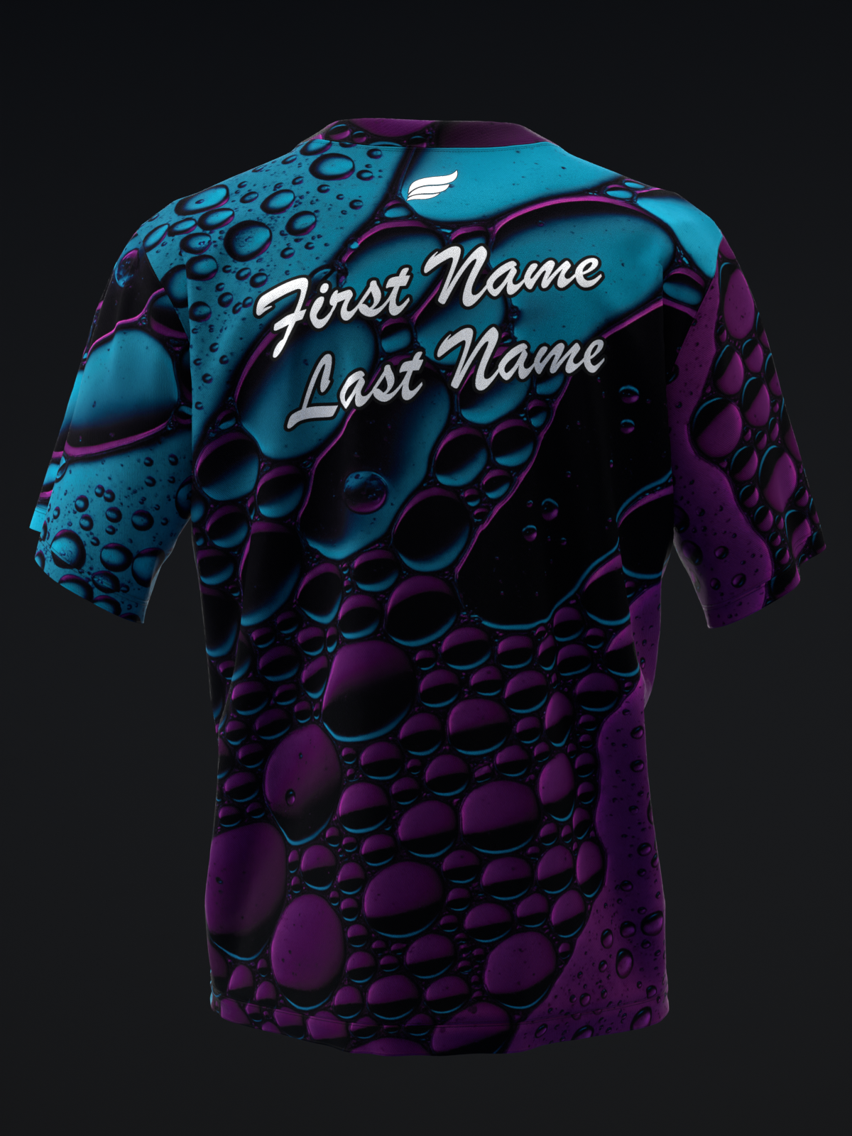 Teal and purple bowling jersey with textured bubble pattern and name customization