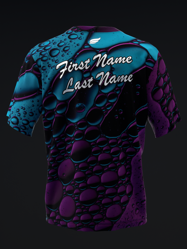Teal and purple bowling jersey with textured bubble pattern and name customization