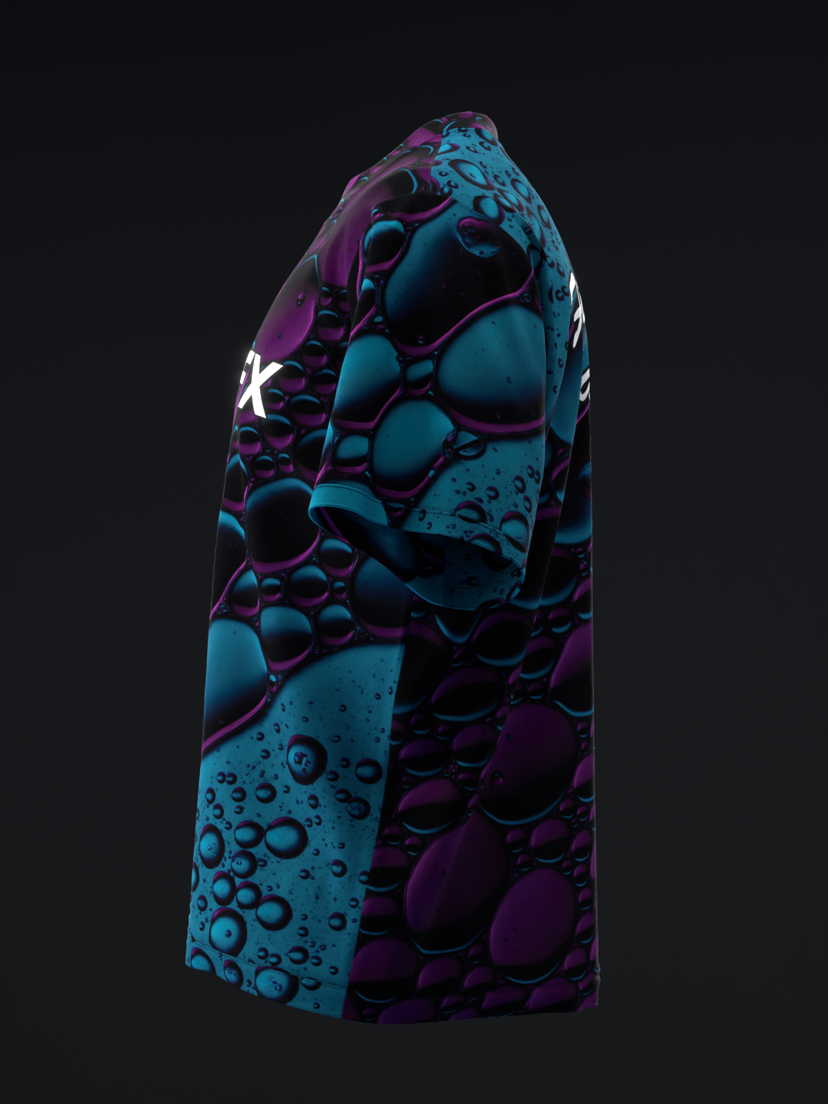 Bowling jersey with teal and purple bubble texture pattern, side view