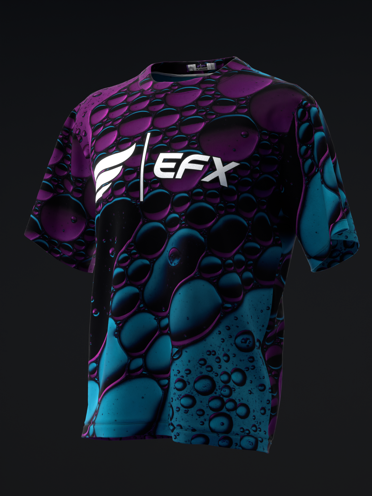 EFX bowling jersey front with purple and teal bubble pattern design