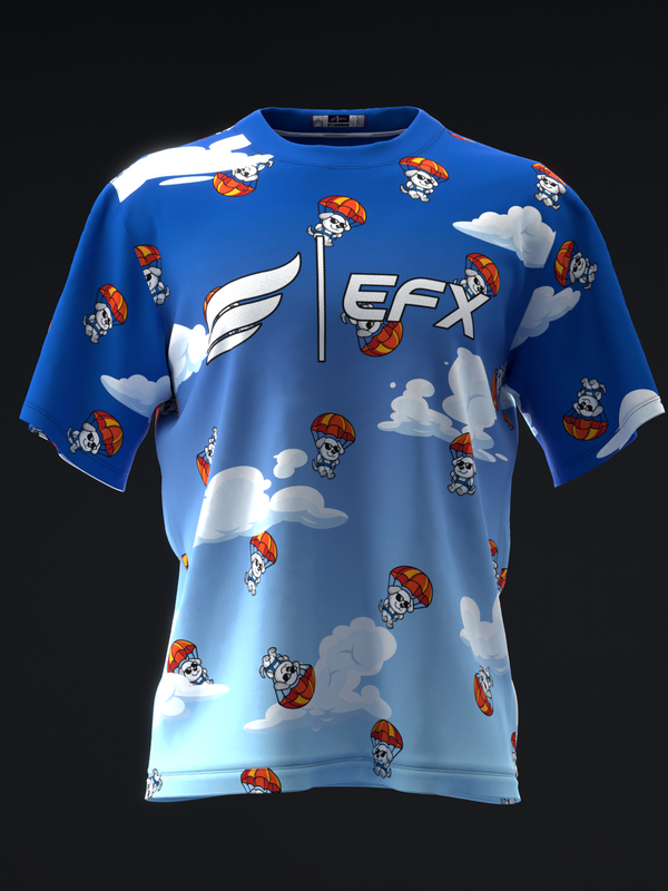 Blue bowling jersey with skydiving dogs, clouds, and EFX logo front view