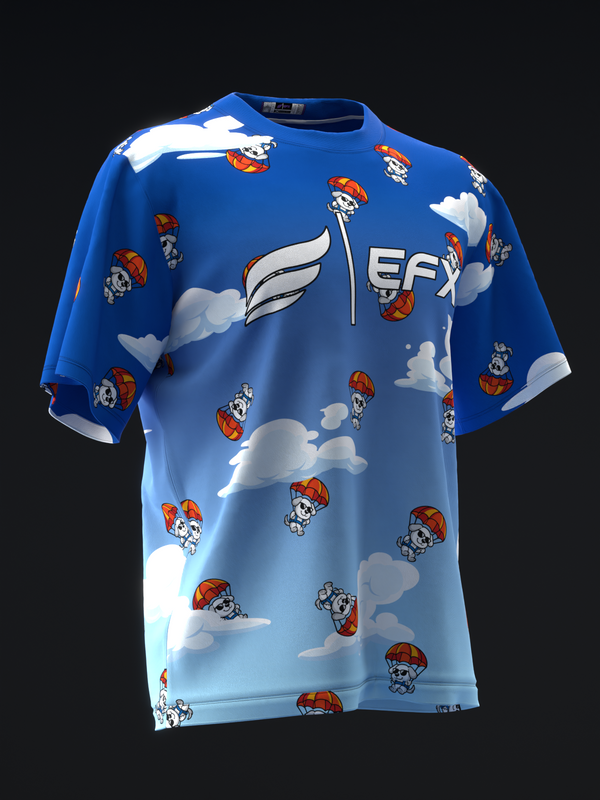 Blue bowling jersey with cartoon dogs, parachutes, clouds, and EFX logo throughout