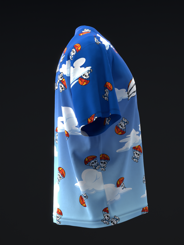 Blue bowling jersey with skydiving dogs and parachutes allover print