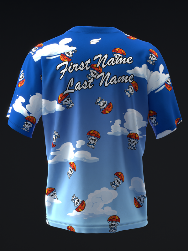 Blue bowling jersey with cartoon dogs, parachutes, and clouds pattern, back view