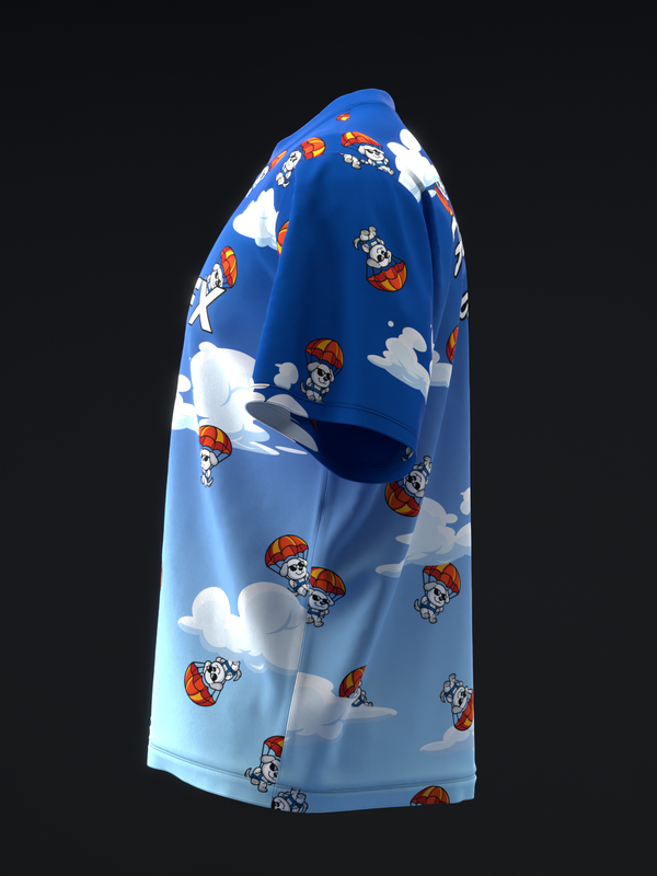Blue bowling jersey with cartoon dogs in parachutes and clouds pattern