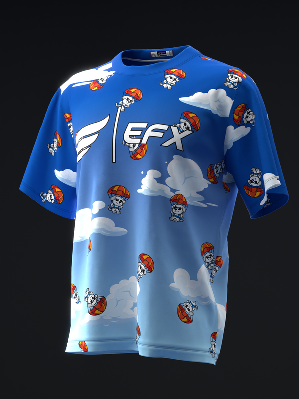 Blue bowling jersey with cartoon dogs parachuting and clouds throughout