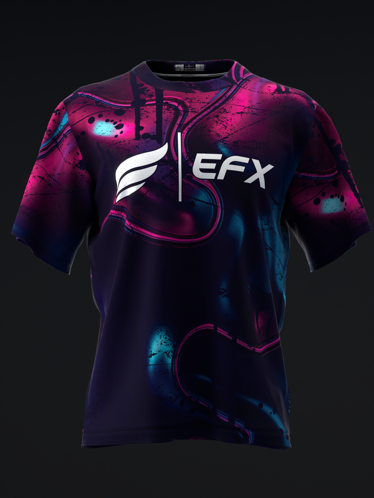Front view of black and magenta bowling jersey with EFX logo and abstract splatter design