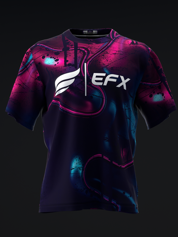 Front view of black and magenta bowling jersey with EFX logo and abstract splatter design