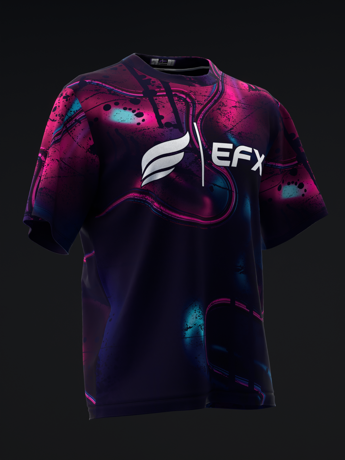 Black and magenta bowling jersey with abstract splatters and EFX logo, front view