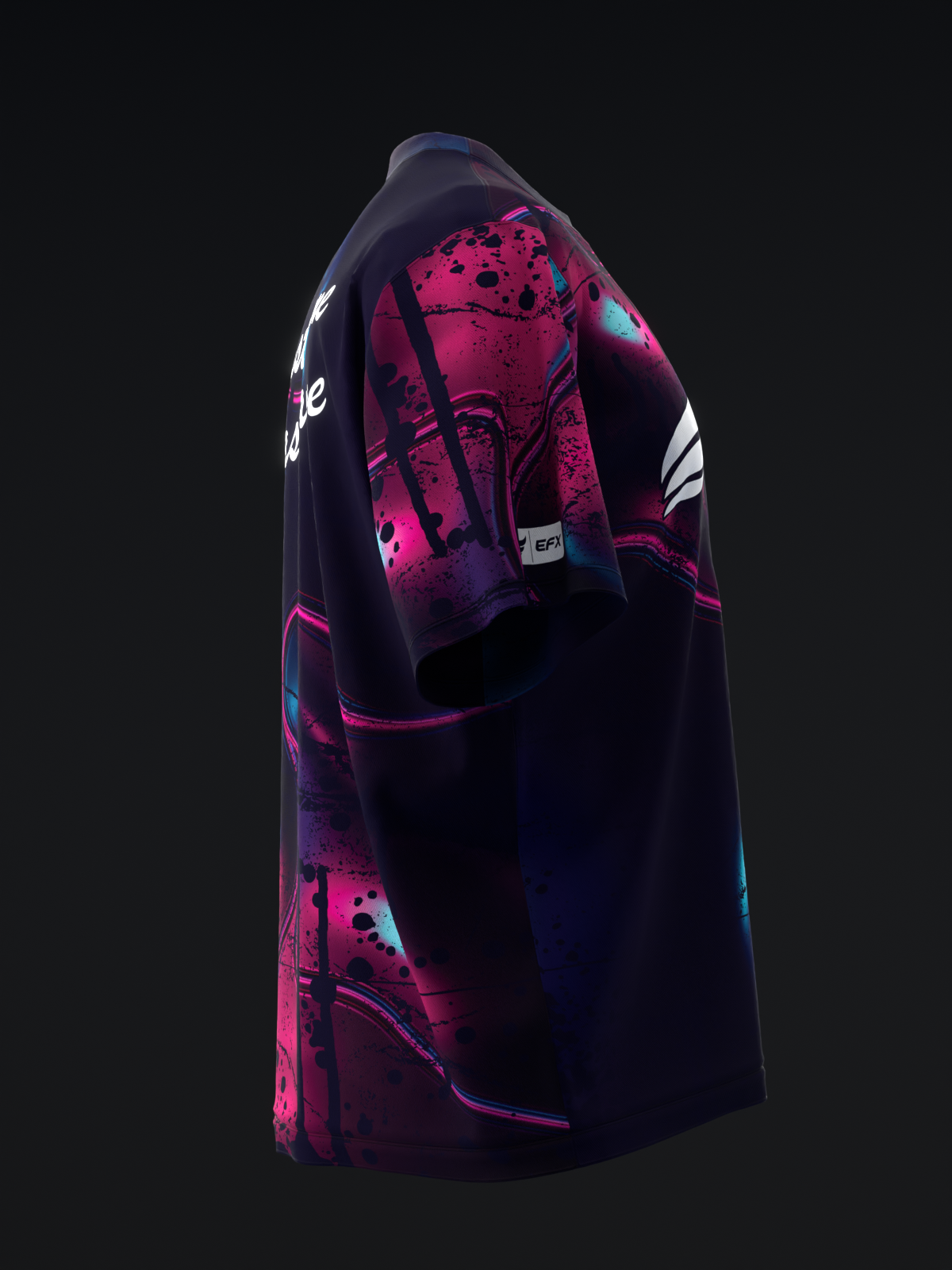 Black bowling jersey with pink and magenta fractured abstract graphic design, side view