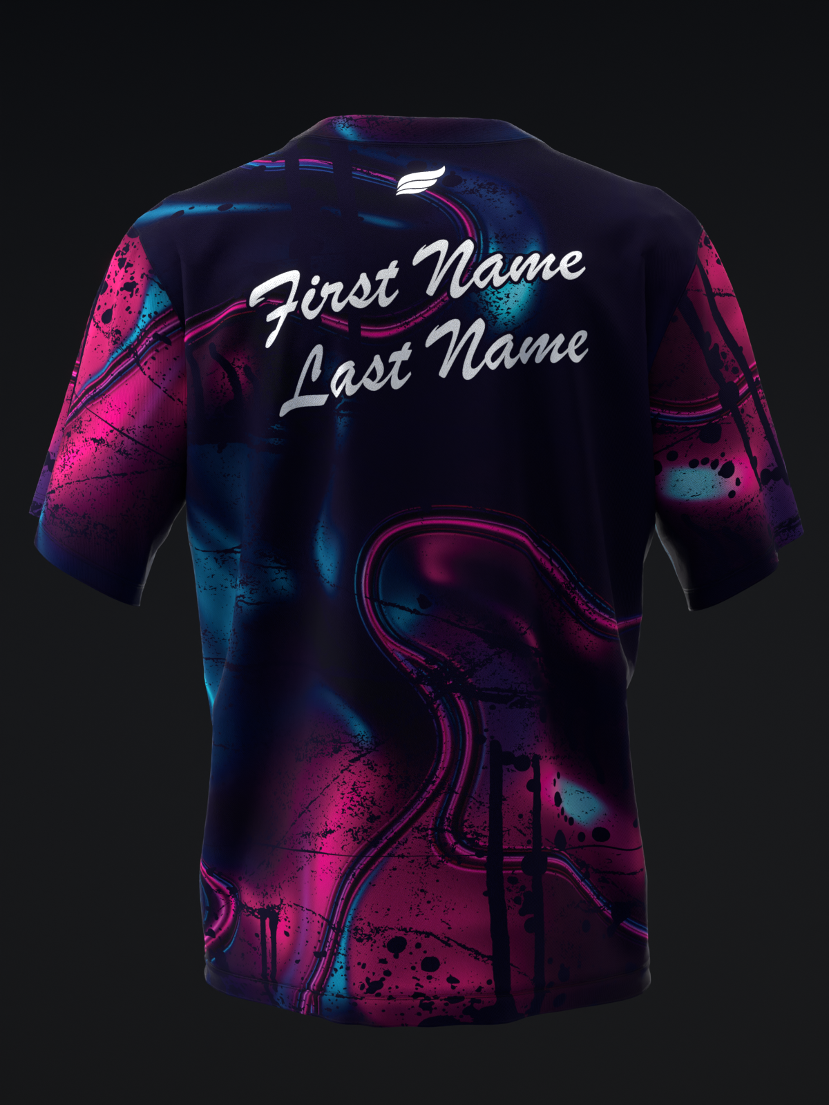 Black bowling jersey with neon pink and blue abstract design and personalization text
