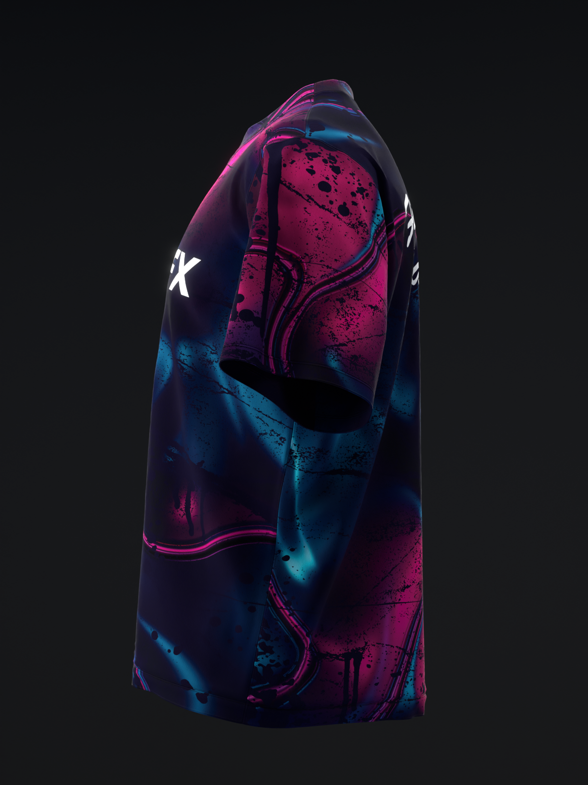 Black bowling jersey with pink and blue abstract fracture pattern design, side view