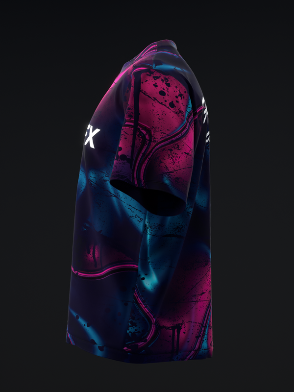 Black bowling jersey with pink and blue abstract fracture pattern design, side view