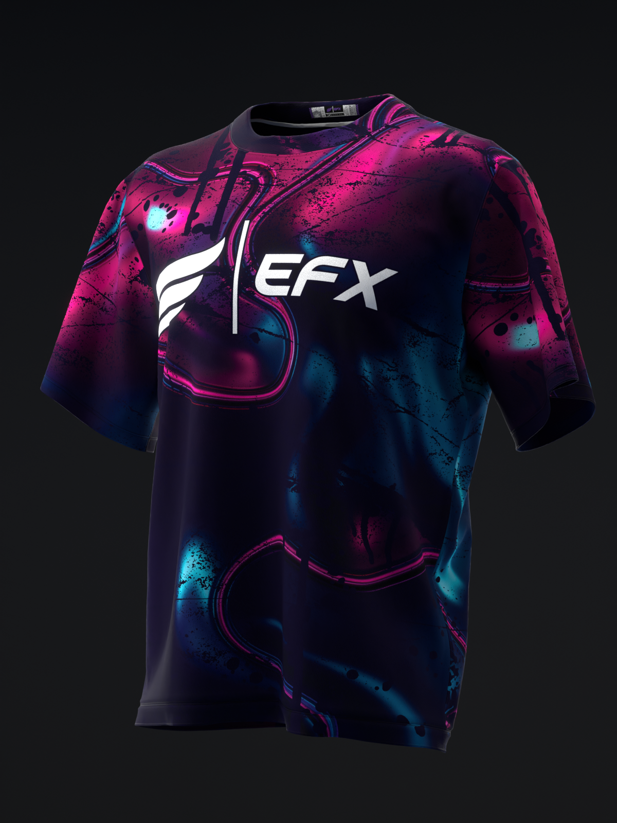 EFX bowling jersey with pink and blue fractured abstract pattern on black