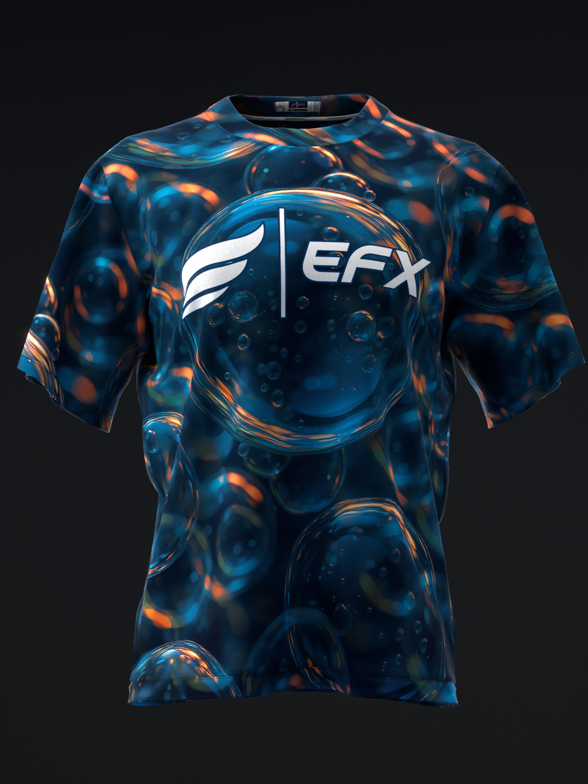 Blue and orange bowling jersey with EFX logo and spherical graphic design, front view