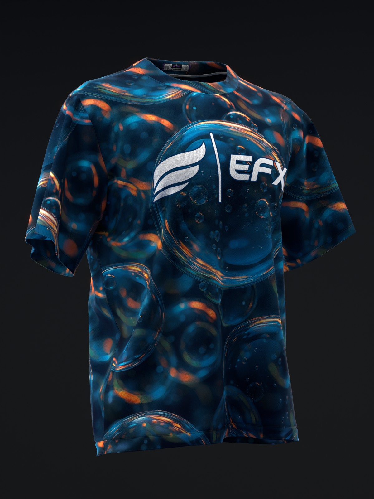 Blue and orange abstract bowling jersey with EFX logo, front view