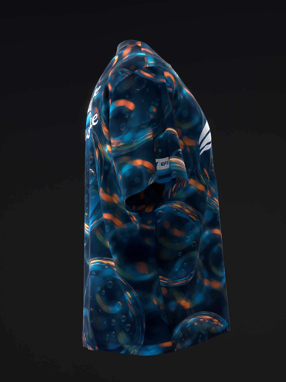 Blue bowling jersey with orange and white abstract burst pattern, front view