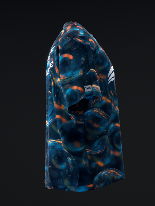 Blue bowling jersey with orange and white abstract burst pattern, front view
