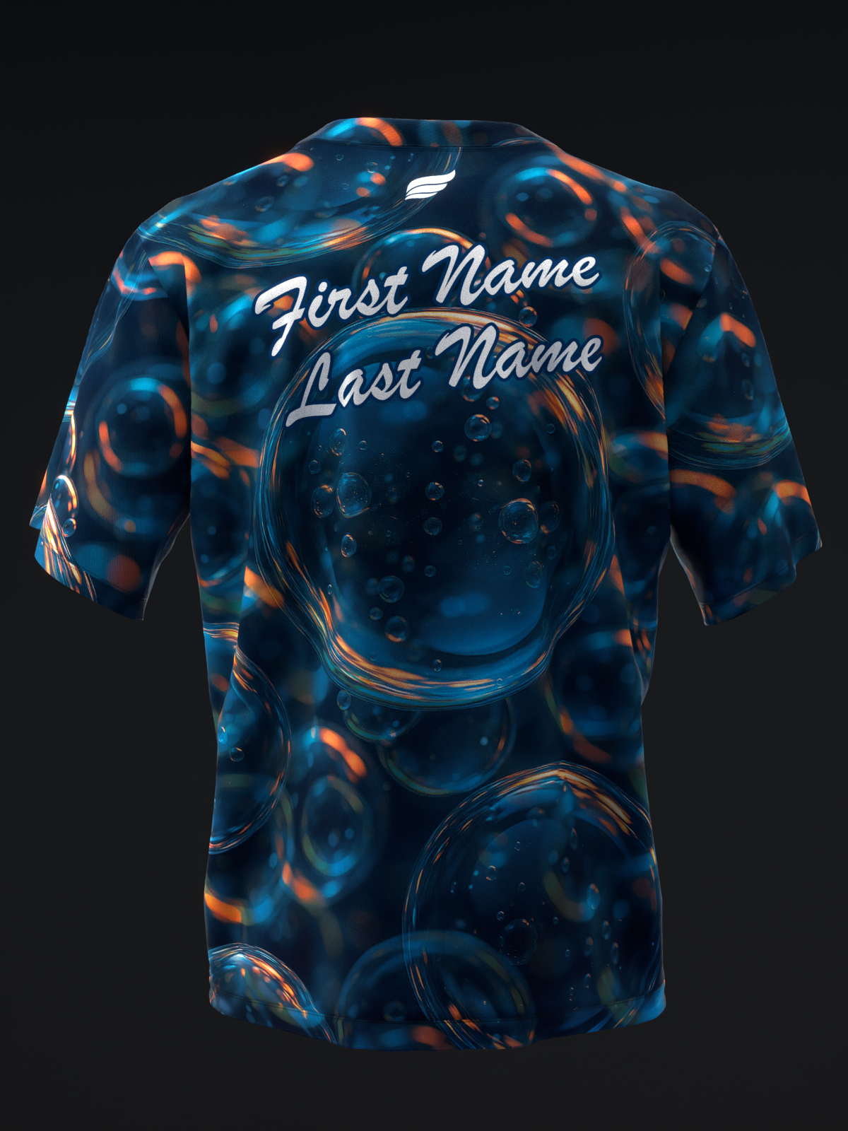 Blue and orange bowling jersey with bowling ball pattern and personalization text