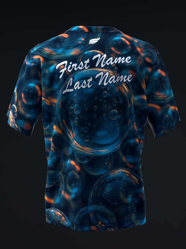 Blue and orange bowling jersey with bowling ball pattern and personalization text