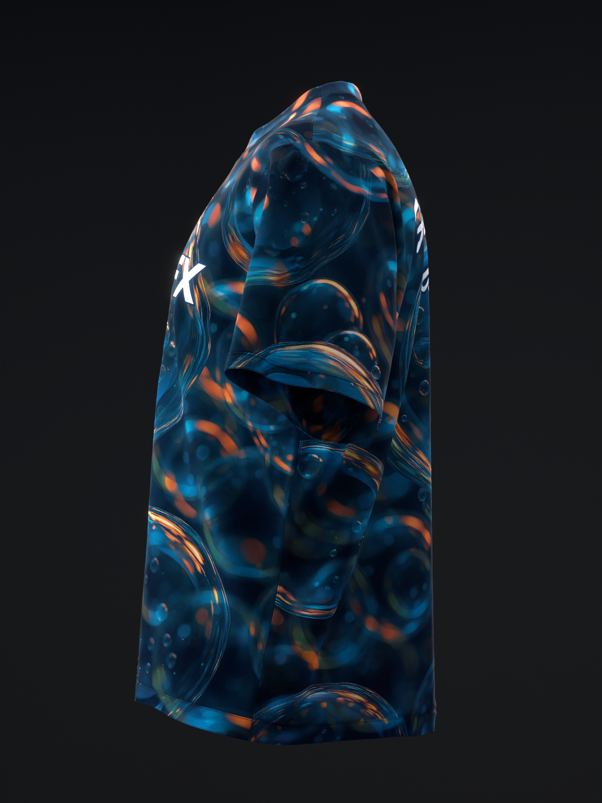 Blue and orange bowling jersey with abstract circular swirl pattern, side view