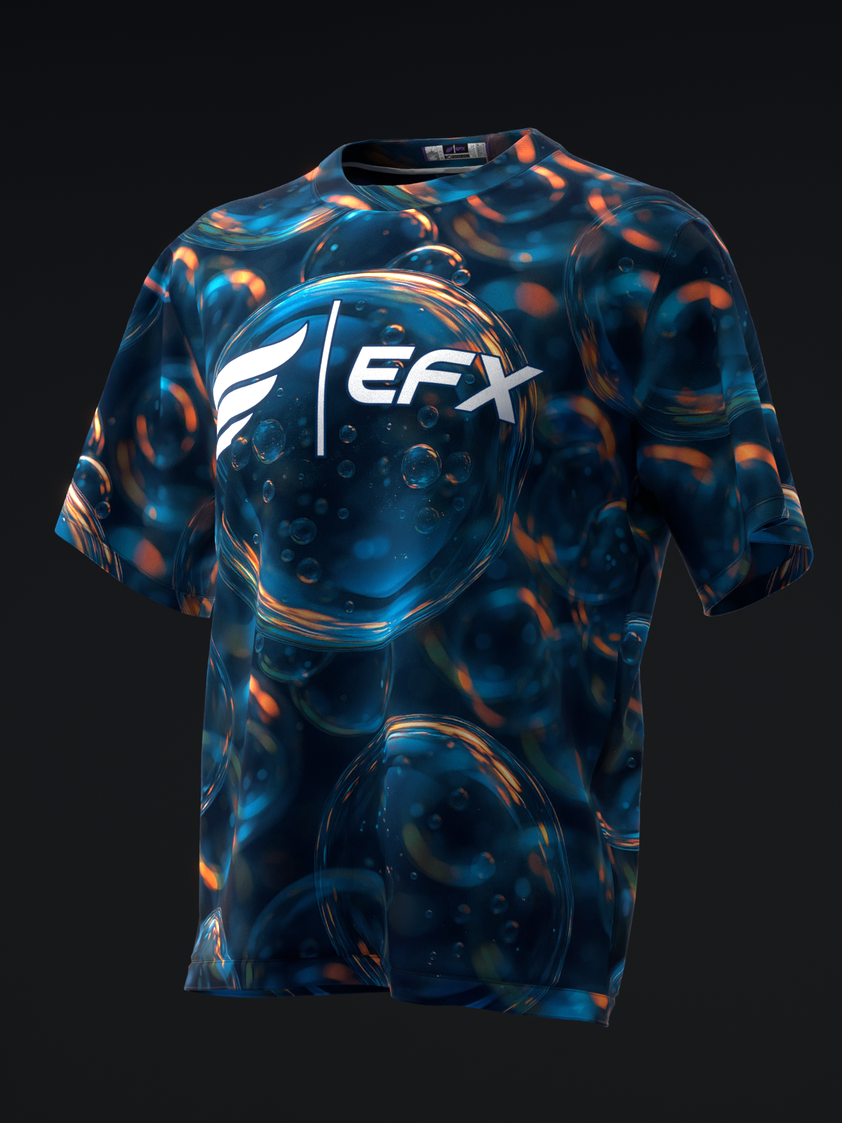 Blue and orange bowling jersey with EFX logo and bubble pattern design, front view