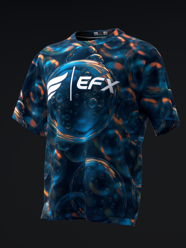 Blue and orange bowling jersey with EFX logo and bubble pattern design, front view