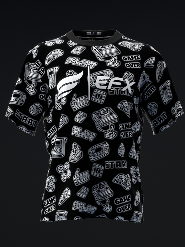 Black bowling jersey with white gaming-themed graphics and text pattern throughout front view