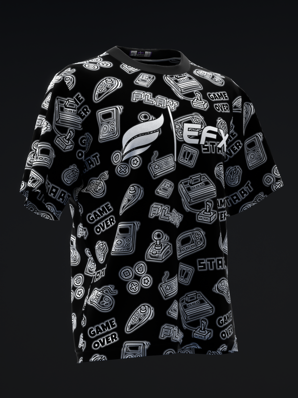 Black bowling jersey with white retro gaming graphics and text throughout front view