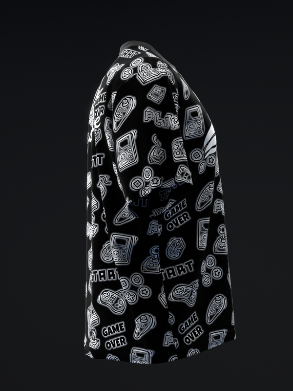 Black bowling jersey with white gaming and controller print throughout