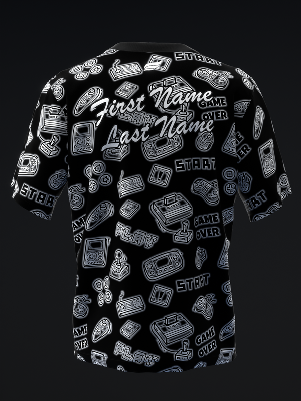 Black bowling jersey with white retro gaming controller and arcade pattern throughout